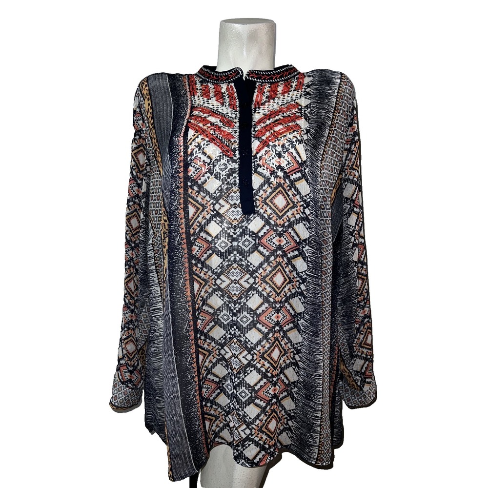 DB Established 1962 Women 3X Blue Coral Roll Tab Sleeve Embroidered Tunic Top